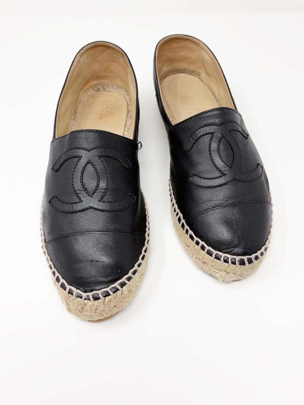 CHANEL Black Leather Espadrille Flats with CC Logo